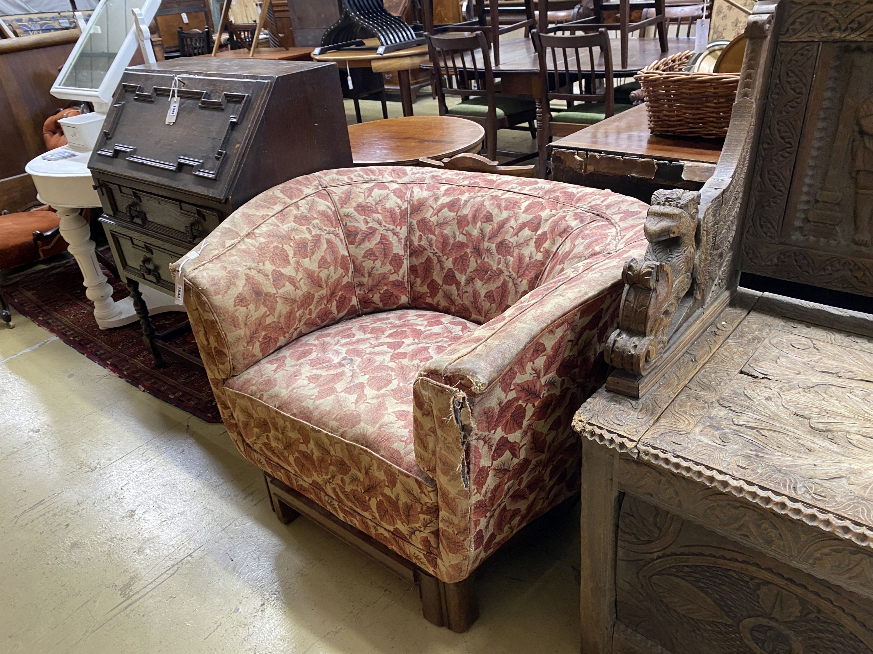 An Art Deco upholstered walnut large tub framed chair in the style of Betty Joel, width 102cm, depth 80cm, height 75cm